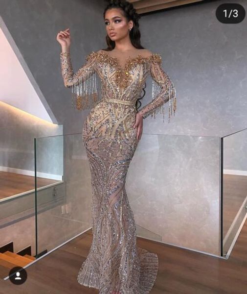 

evening dress yousef aljasm maxi dresses crew neck mermaid floor length long sleeve zipper beading tassel pearl bead flower decoration, Black;pink