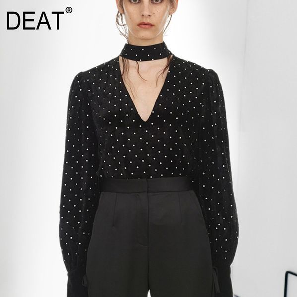 

deat 2019 new eoruprean women clothes v-neck lantern full sleeves polka dots sweatshirt female blouse wc17001l, Black