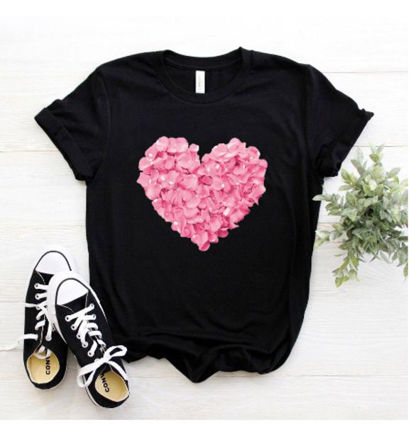 

women pink flowers heart printing t-shirt summer white women streetwear t shirt cute printin girls shirts