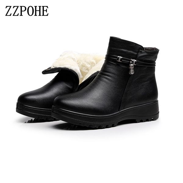 

zzpohe 2017 fashion winter shoes women's genuine leather ankle flat casual comfortable warm woman snow boots mx190801 mx190805, Black