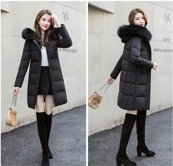 

women winter jacket ladies real raccoon fur collar duck down inside warm coat femme with all the tag slim fit outdoor parka, Black