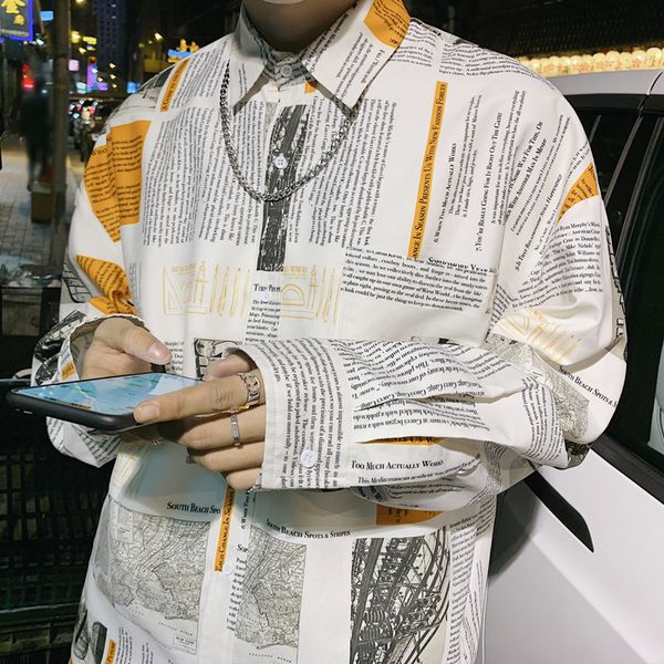 

2019 spring fashion men newspaper design printing long sleeve male shirt casual streetwear youth cotton loose white shirts, White;black