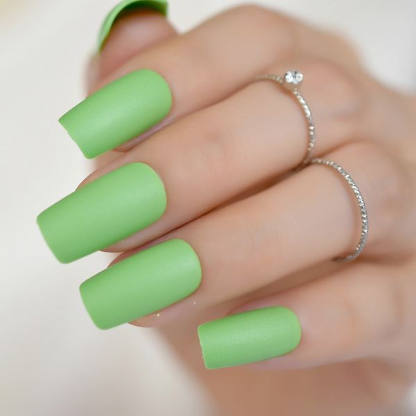 

grass green matte false nail frosted long flat shape full cover women finger extension fake nail art acrylic manicure tools, Red;gold