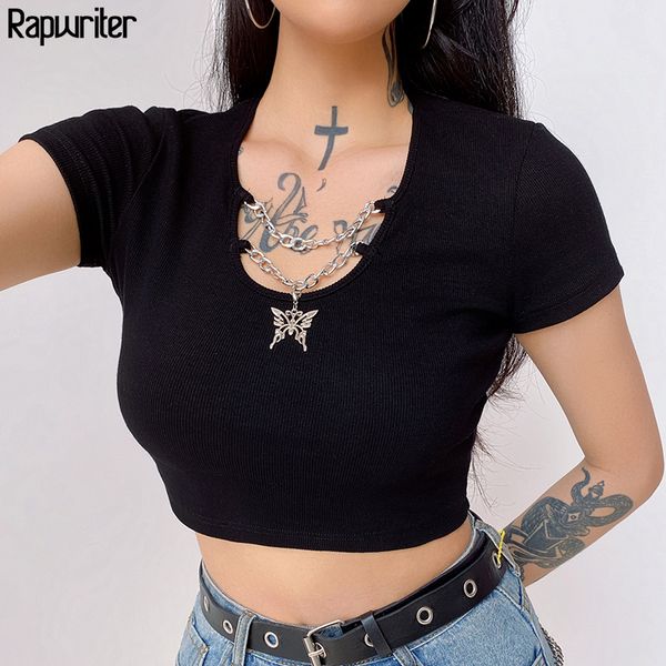 

rapwriter gothic holllow out chain butterfly summer t-shirt girl 2020 streetwear short sleeve stretch tee shirt crop femini, White