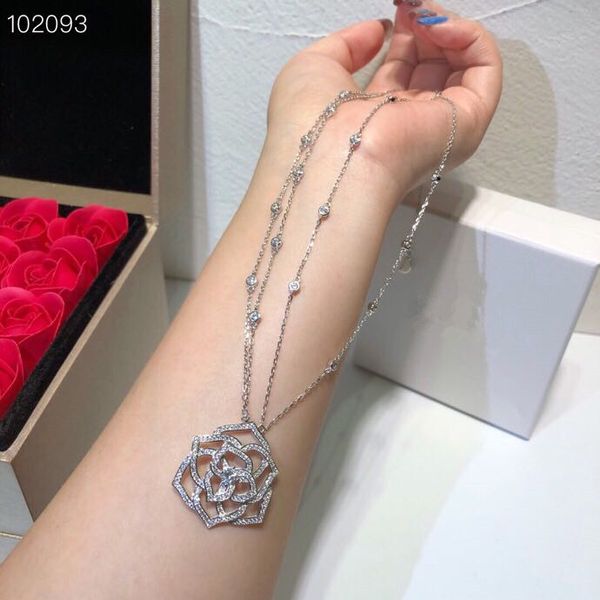 

luxury classic deisgner s925 sterling silver full crystal hollow rose flower charm double layer necklace for women jewelry