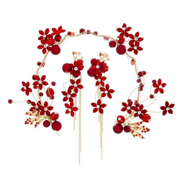 

gorgeous red flower headband tiara wedding gold color headpieces hairband bridal party women hair jewelry with earrings set, Golden;white