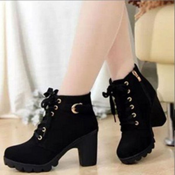 

dafenp 2019 new autumn winter women boots solid lace-up european ladies shoes pu fashion high heels boots 35-43, Black