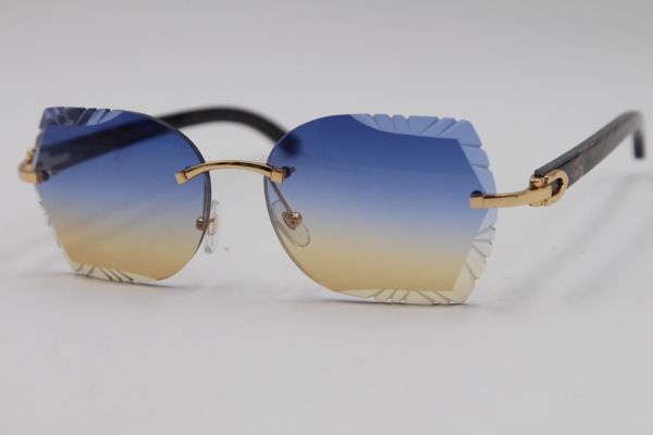 

2020 new rimless sunglasses 8200761 black flower buffalo horn rimless sunglasses men buffalo horn carved lens blue lens, White;black