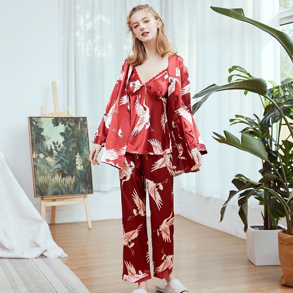 

silk ladies pajamas sling trousers robe three-piece suit home service circe pyjamas new spring and summer material, Black;red