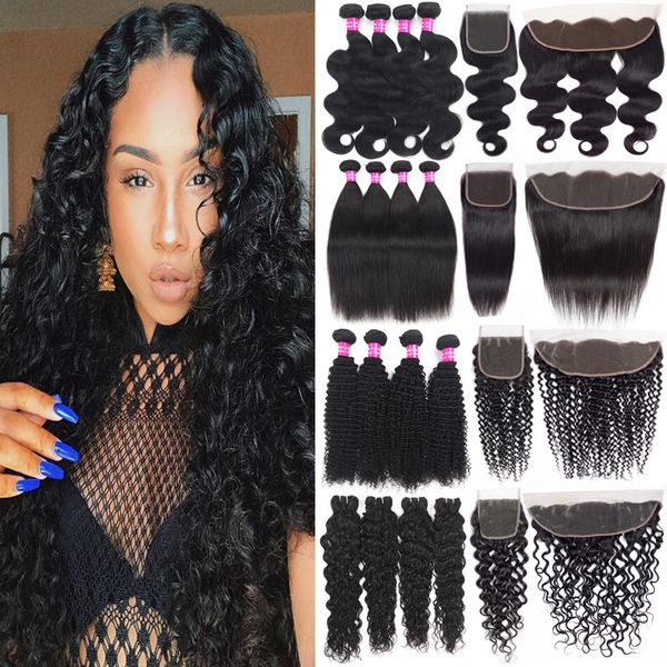 

brazilian human hair wefts with closure loose wave virgin hair bundles with 13x4 lace frontal human hair extensions bundles with 4x4 closure, Black;brown