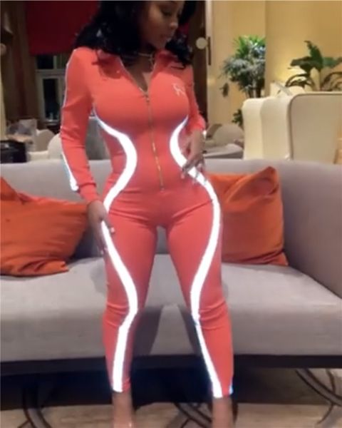 

Reflective Women Jumpsuits Summer Sliver Deep V Neck Rompers One Piece Suits Long Sleeve Joint Zipper Clothing