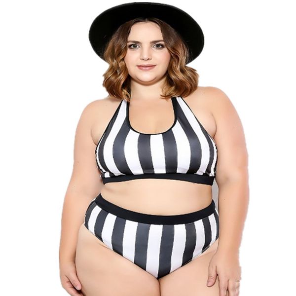 

split swimsuit fashion 2020 plus size new stripes girl high waist bikini bra underwear set, White;black