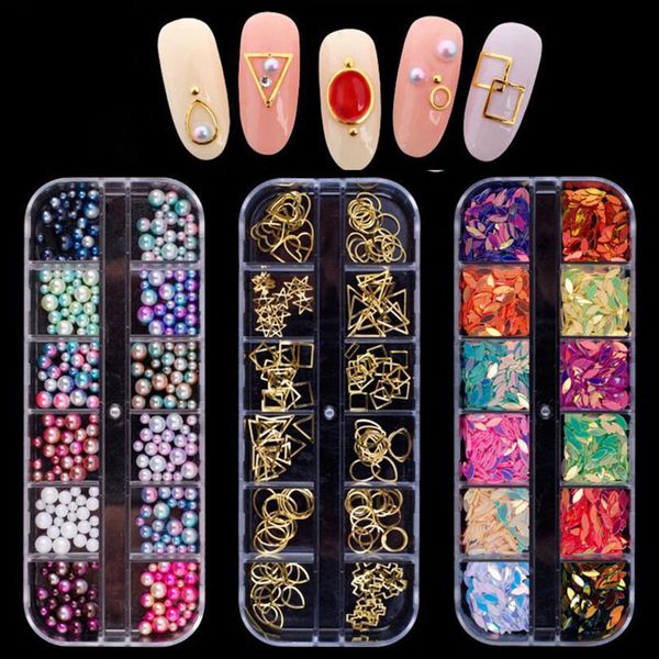 

1 box fashion glitter hollow alloy colored pearl horse eyes sequins 3d diy nail art rhinestone manicure decoration nail art tool, Silver;gold