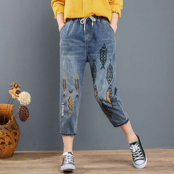 

women's jeans women vintage fish embroidered ripped denim harem pants casual loose ladies lace up elastic waist trousers jean femme, Blue