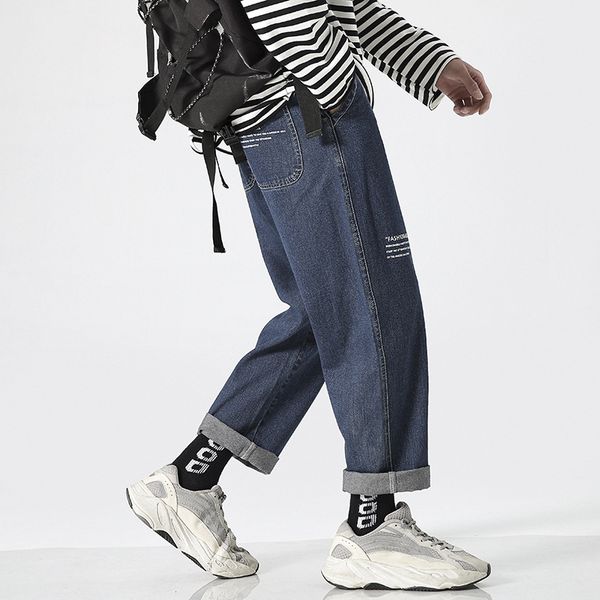

29 men's jeans ins fashion brand daddy loose straight jeans men's falling feeling wide leg ankle-length pants, Blue