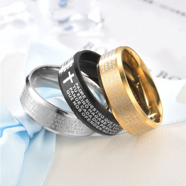 

new men's creative personality cross letter titanium steel ring fashion biker punk band bible lord's prayer cross rings for men, Golden;silver