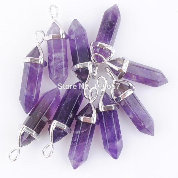 

10pcs stone amethysts pendant chakra jewelry shape pendants column reiki point natural hexagonal healing pendulum bullet in3039 svtlc