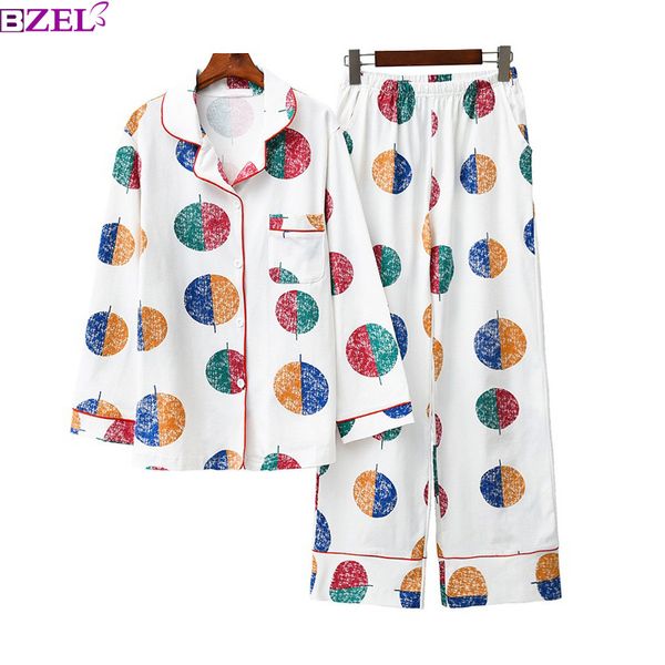 

spring&autumn women 100% cotton long sleeves+pants pajamas set female color point collision print sleepwear womens home pyjamas, Blue;gray