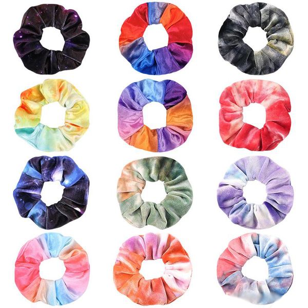 

18 colors ins velvet hair scrunchies tie dye hair band stretchy rainbow hairbands women loop holder girls hair accessories, Slivery;white