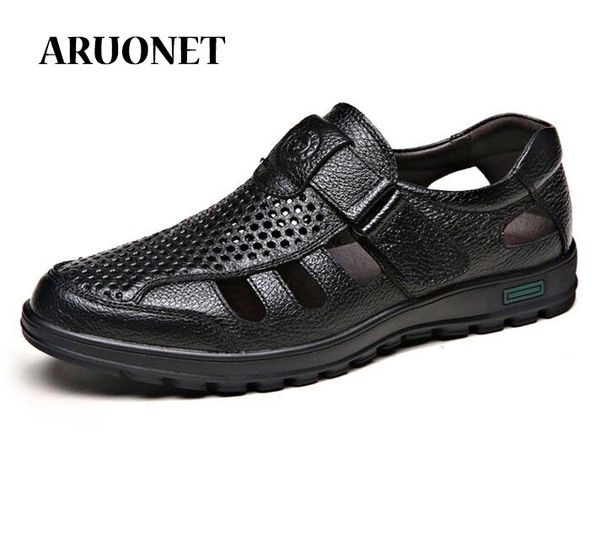 

aruonet summer men sandals leisure beach men shoes quality genuine leather sandals sandalias hombre casual breathable shoes, Black