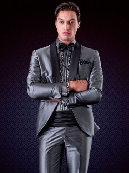

silver grey men wedding tuxedos black shawl lapel one button groom tuxedos style dress men business dinner/darty suit(jacket+pants+tie), Black;gray