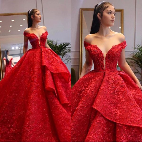 

2020 vintage layer ruffles puffy red evening dresses off shoulder lace appliques beads sequins formal prom pagenat quinceanera gowns