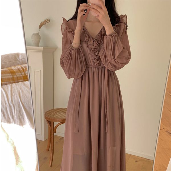 

alien kitty pink feminine chic v-neck all match elegance 2020 basic chiffon solid gentle women new fairy full sleeves long dress, Black;gray