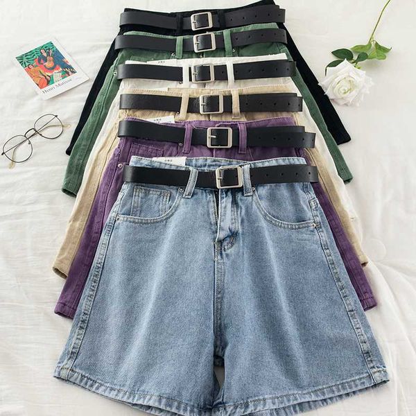 

лето denim шорты женщина высокая талия тонкая прямой сыпучие тонкий с поясом wide leg шорт для брюк женского фиолетовое синее днище, White;black