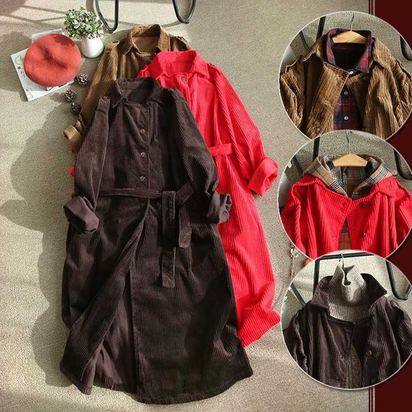 

spring autumn new arrivals women loose plus size all-match long comfortable vintage corduroy handsome cool coats trench w/h belt, Tan;black