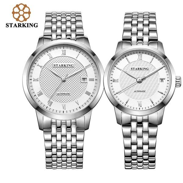 

starking lovers'watches automatic full stainless steel roman dial 28800 mechanical couples wristwatch relogios masculinos, Slivery;brown