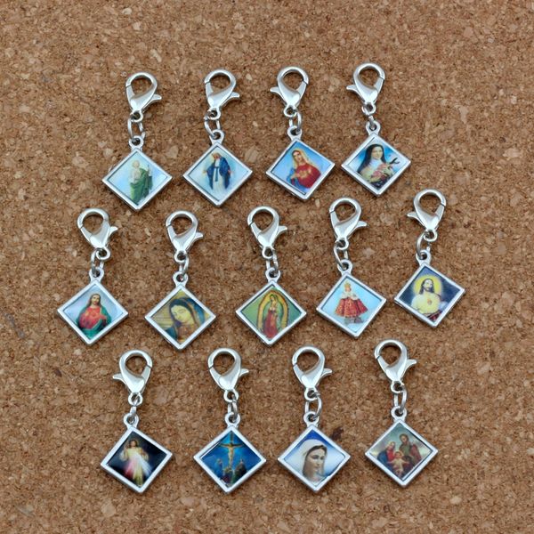 

100pcs/lot Mixed Enamel square Jesus Christ Icon Religious Charms Bead with Lobster clasp Fit Charm Bracelet DIY Jewelry 13.2x30mm A-380b