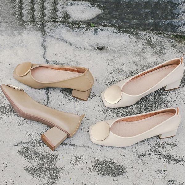 

new brand soft leather shallow single shoes woman luxury metal decoration square toe pumps cozy retro chunky femme moccasins, Black