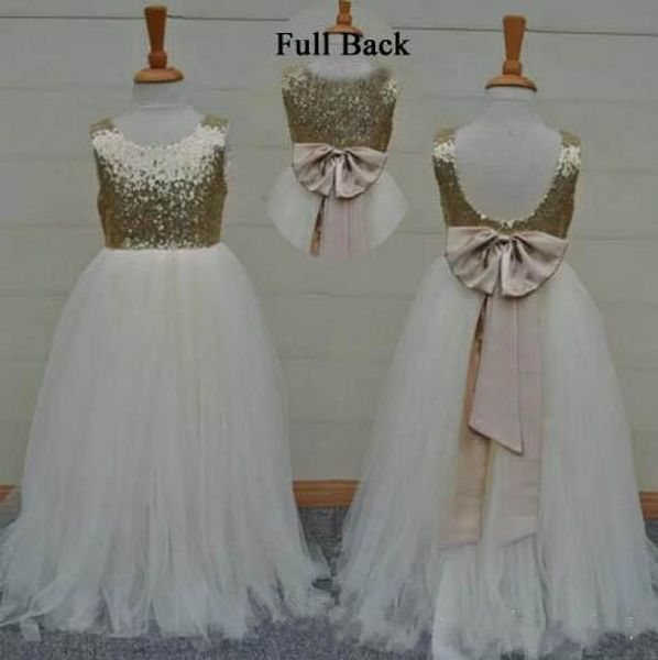 

real sample flower girls dresses sparkly gold sequins kids long formal wedding party gowns sleeveless open back bow, Red;yellow