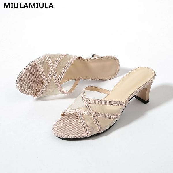 

miulamiula designers 2020 summer new fashion air mesh high heels 5.7cm lady sandals pumps mules flip flops size 35-40, Black