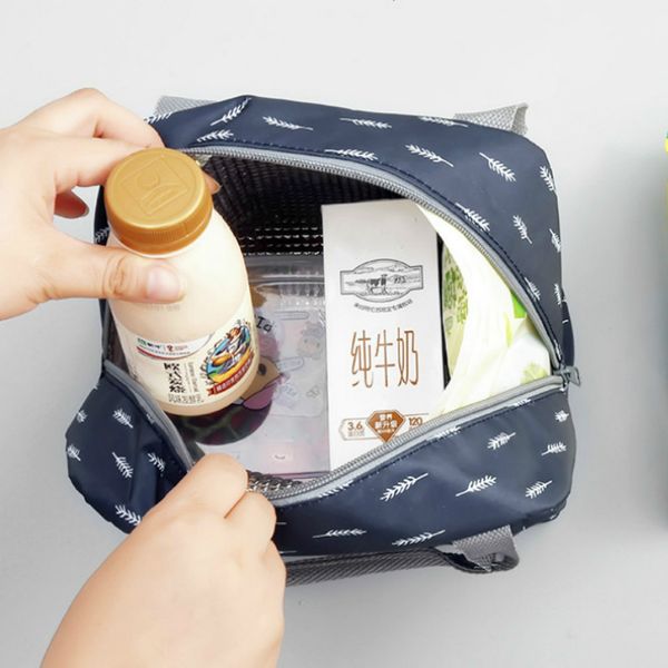 

functional pattern cooler lunch box portable insulated canvas lunch bag thermal picnic bags for women kids, Blue;pink