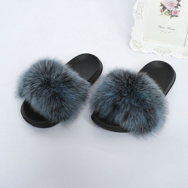 

wide fox fur slippers frosted color ladies slides factory price women sandals, Black