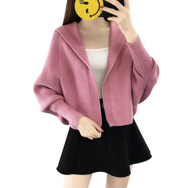 

tide autumn new casual knitted cardigans women fashion hooded loose long sleeve short sweater women, White