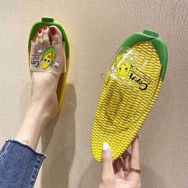 

summer women slippers cute cartoon corn transparent girls outdoor beach shoes designer casual open toed print flip flop, Black