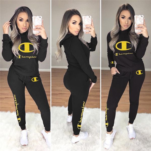 

women autumn winter hoodies suit champion brand outfits embroidery letters hoodies pants 2 pieces sets trousers sportswear suits c8206, Gray