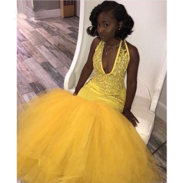 

2019 mermaid yellow black girls prom dresses tull lace applique beaded floor length formal evening dress party gowns