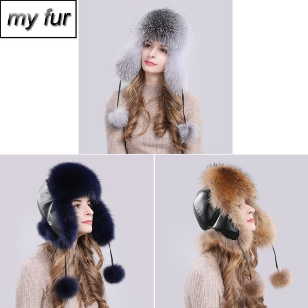 

quality russian women real fur bomber hat natural raccoon fur ushanka hats thick warm earmuff real leather cap, Blue;gray