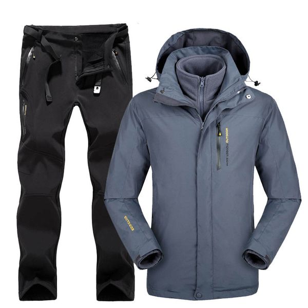 

ski suit hiking jacket & pants men's outdoor winter fleece liner thick thermal coat waterproof windproof mountaineering wear, Blue;black