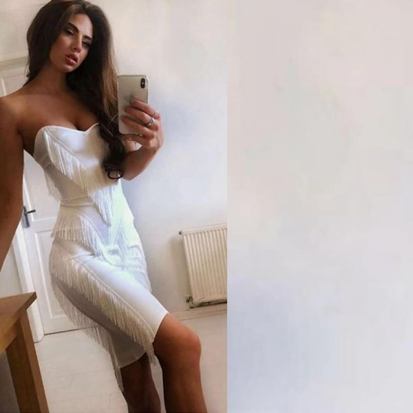 

2019 elegant white black tassel bandage dress women party cluwear strapless backless summer chic bodycon vestidos, Black;gray