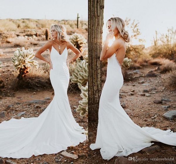 

backless mermaid wedding dresses spaghetti strap appliques sweep train boho wedding dress bridal gowns vestidos de noiva, White