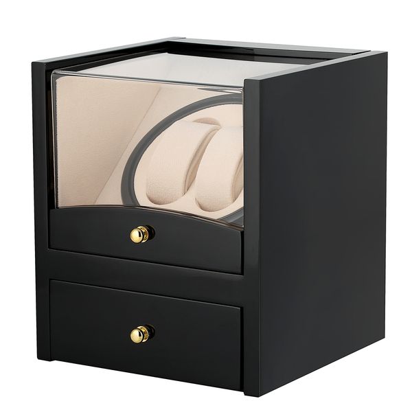 

new arrival us/uk/au/eu plug black leather box case rectangle mute automatic double watch winder dual watch rotator storage box, Black;blue