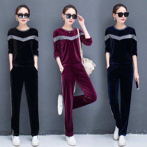 

women two piece set female velvet tracksuit pullover + pants ladies autumn outfit survetement femme marque sporting suits, Gray