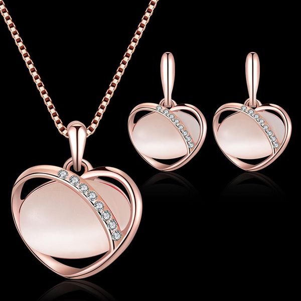

fashion women oval faux opal heart pendant rhinestone necklace stud earrings party wedding jewelry sets for lady wholesale, Silver