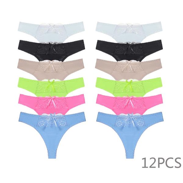 

women's panties 12 pcs/pack summer underwear women plus size bow lingerie panty thongs and g string tanga t-back seamless, Black;pink