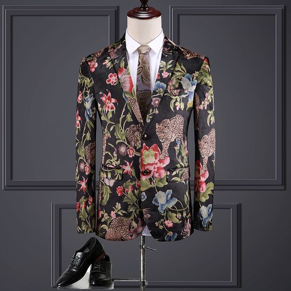 

court style men blazer slim fit floral printing british style jacket singer prom costume nightclub party banquet coat elegent, White;black