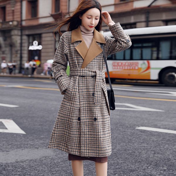 

office lady sashes long winter fashion wool coats turn-down collar wool blend coat and jacket wide-waisted coat femenino, Black